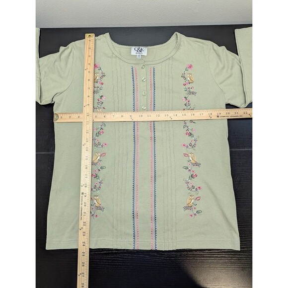 C&K Designs Embroidered Owls Pintuck Green Top Cottagecore Popover Style Sz M - Picture 8 of 8